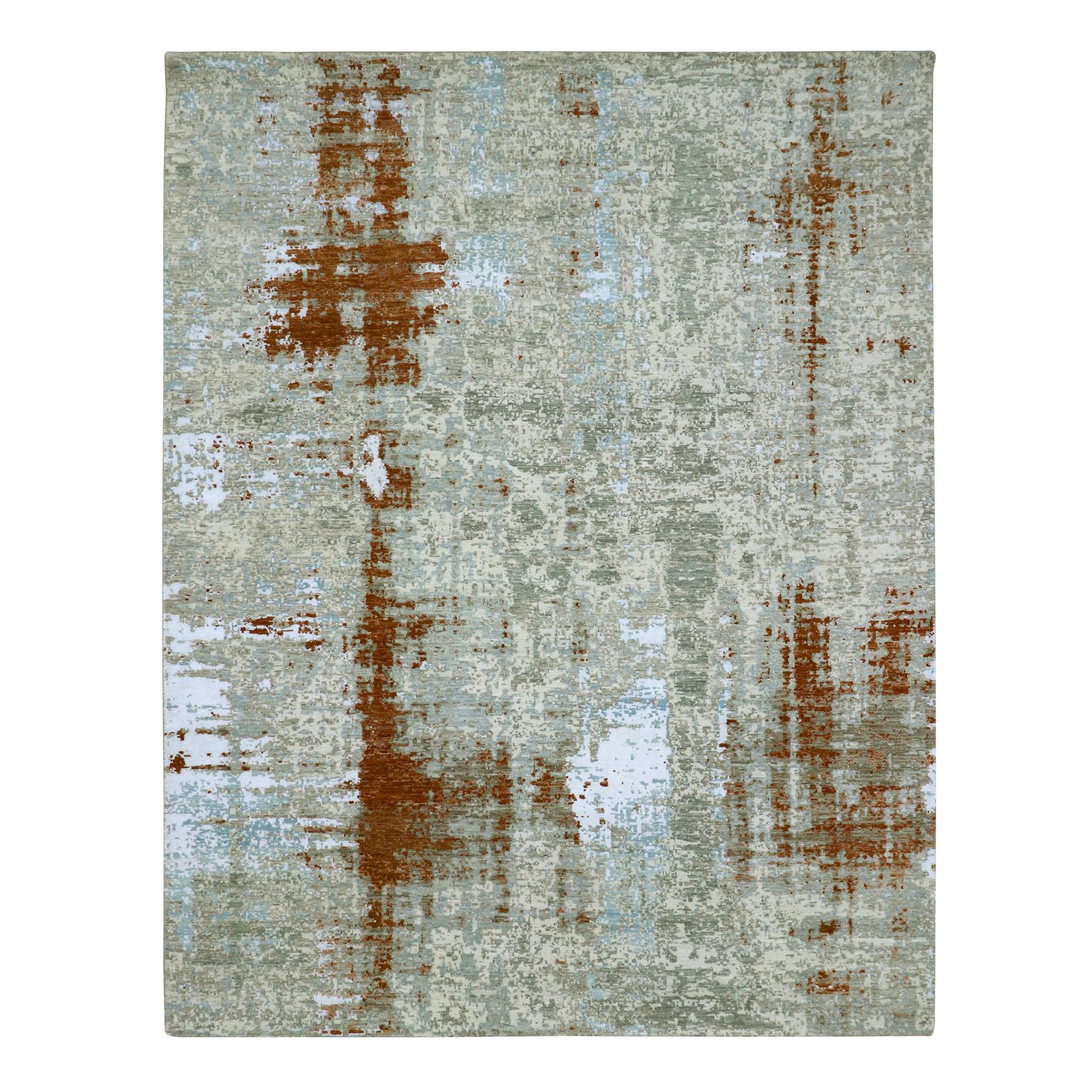 Rust Red with Beige, Abstract with Galaxy Design, Persian Knot, 100% Wool, Hand Knotted, Densely Woven, Oriental Rug
